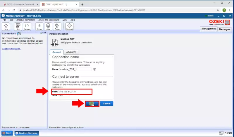 setup modbus connection