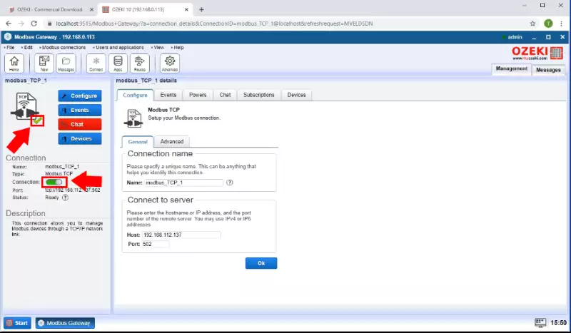 enable Modbus connection