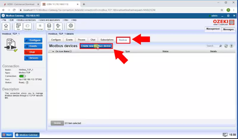 create new modbus device