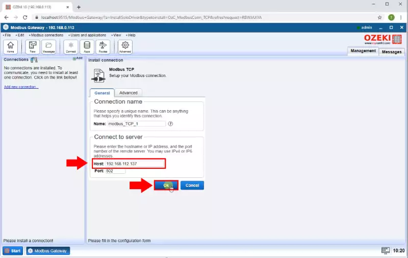 setup modbus connection