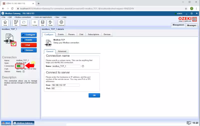 enable modbus connection