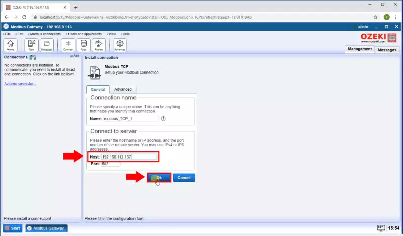 setup modbus connection