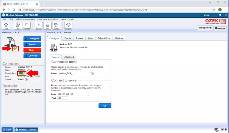 enable modbus connection