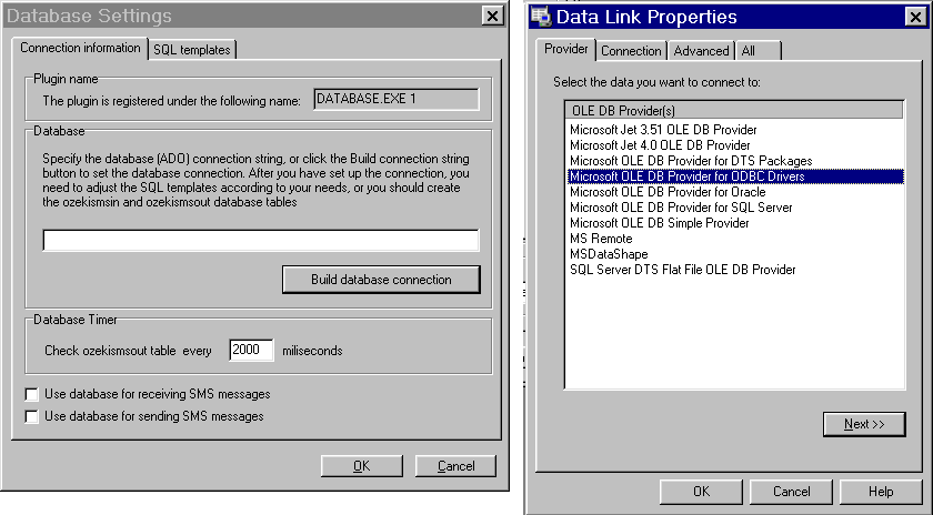 the database plugin configuration screen