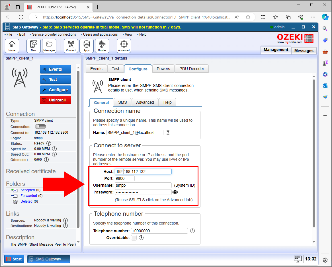 Provide SMPP connection data