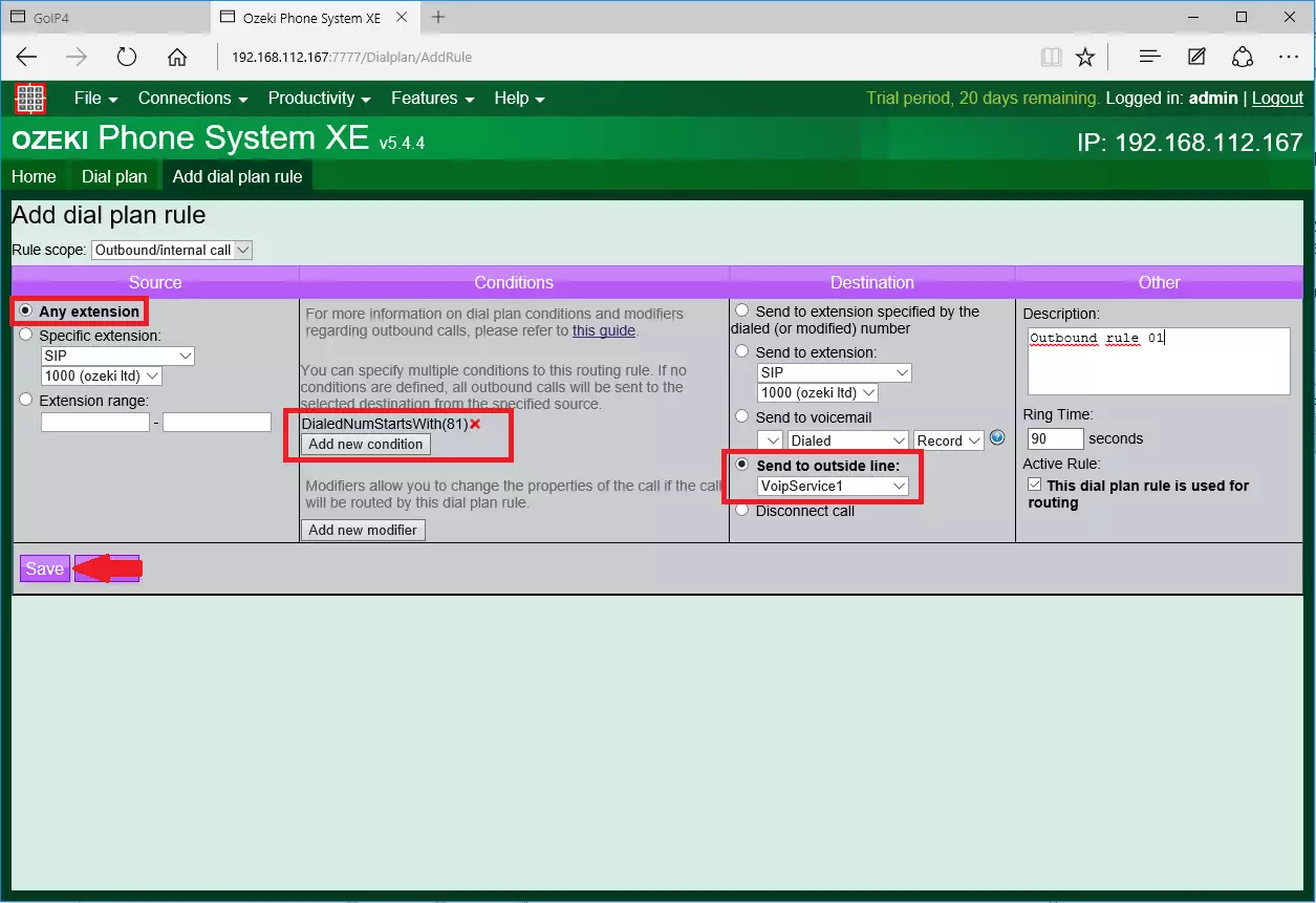 outbound routing for sim 1