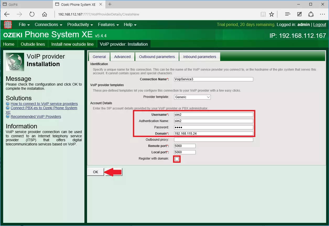 provide sip trunk data for sim 2