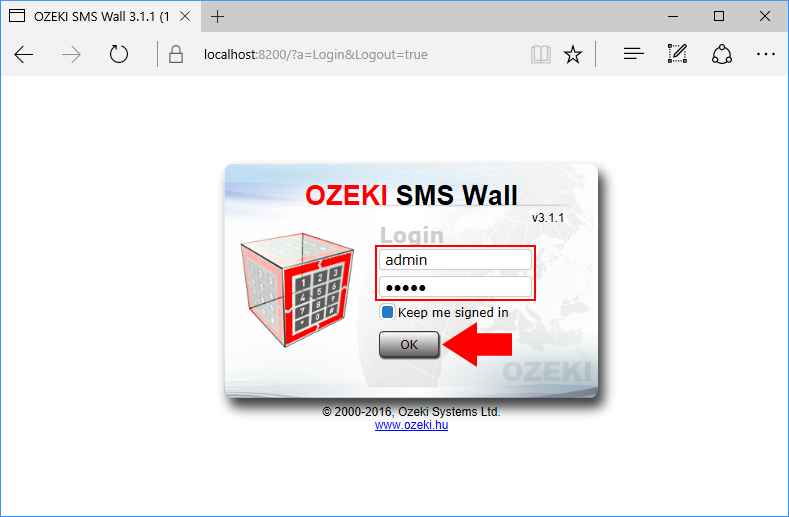 logging in as user admin password admin