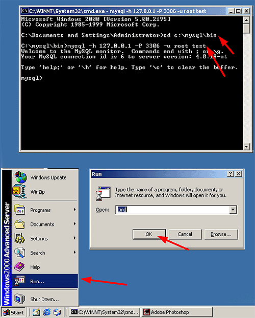 opening connection to the mysql database using cmd