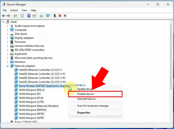 Disable Ozeki 4G Modem WWAN interface