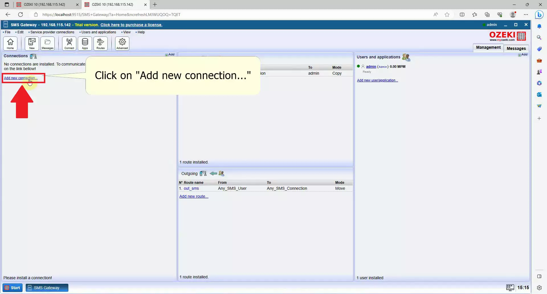 ozeki sms gateway showing connections add new connection in red square