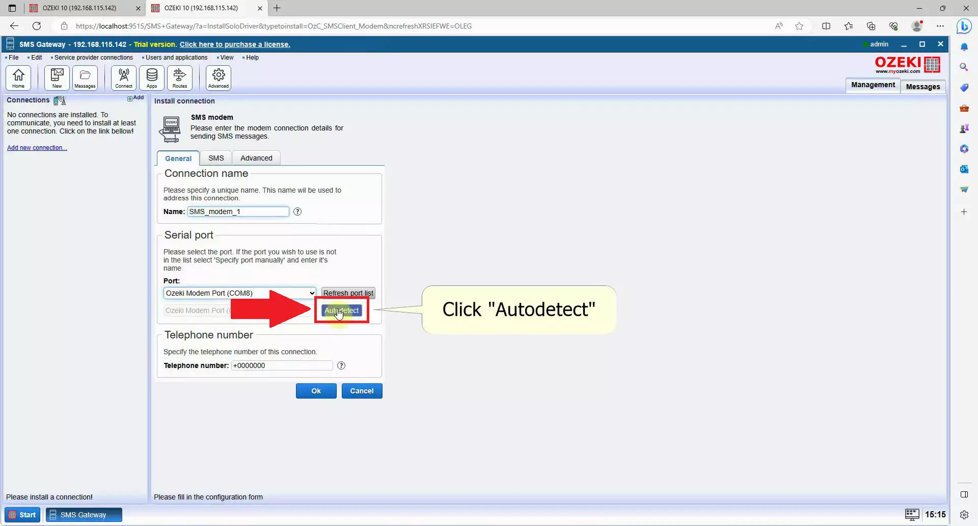 autodetect button in red square after serial port