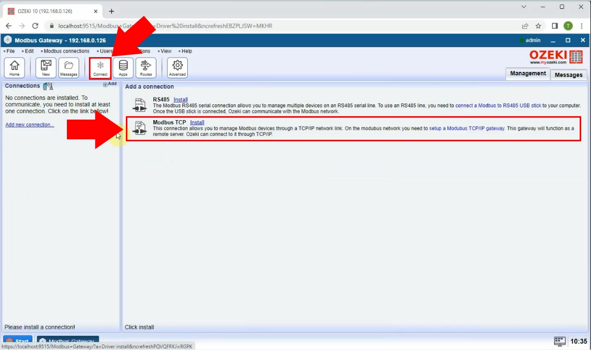 Install Modbus TCP connaction