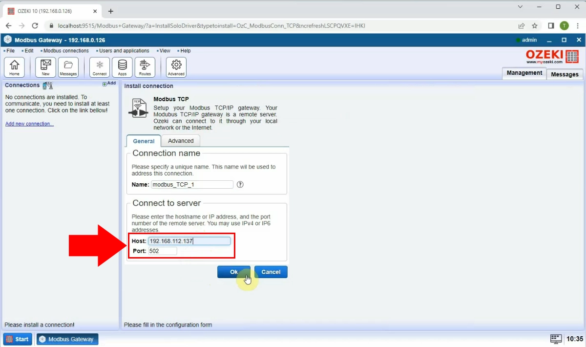 Configure Modbus TCP connection