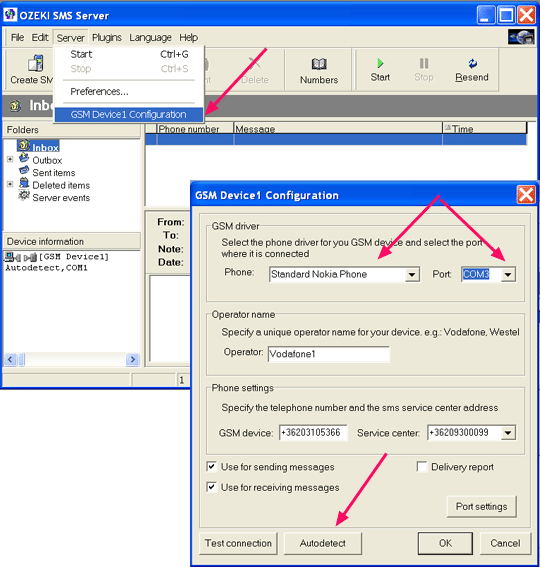 configuration in the sms server