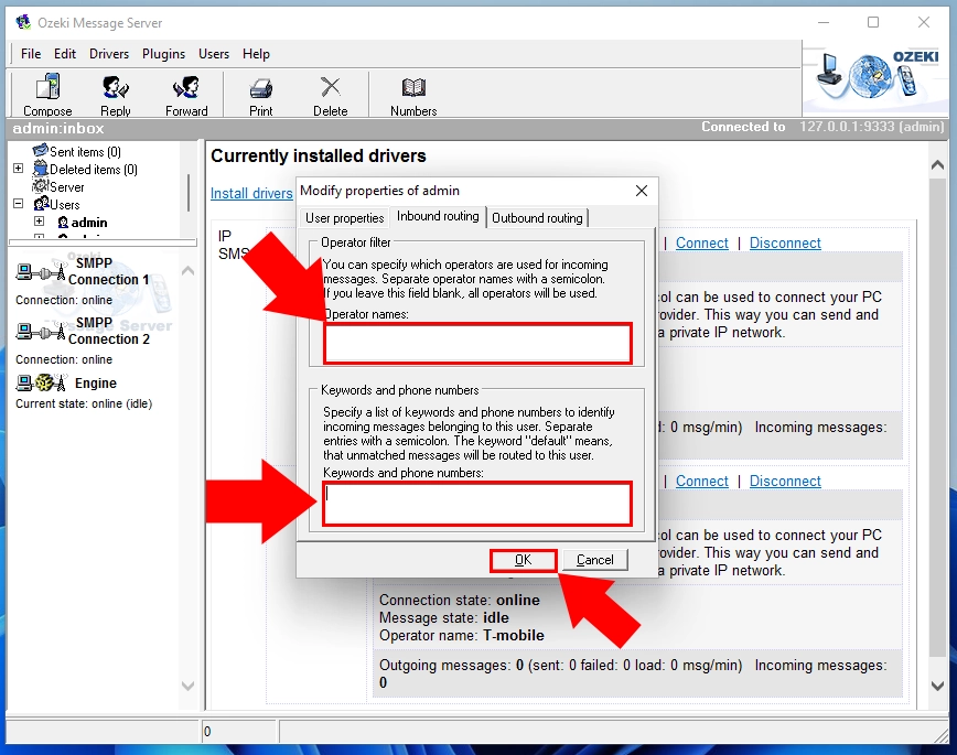 inbound routing in ozeki message server