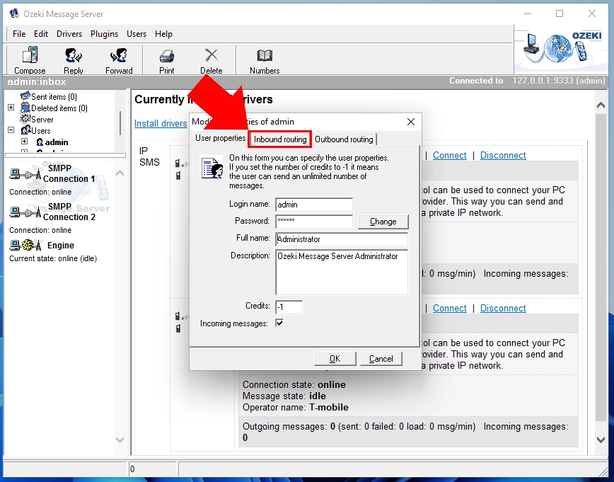 inbound routing in ozeki message server