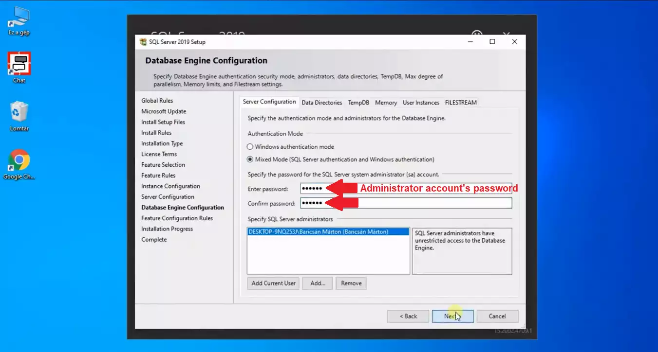 specify the authentication mode and the password for the administration account