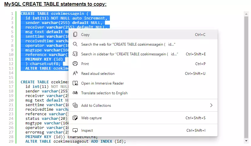 copy ozekimessagein create table statement