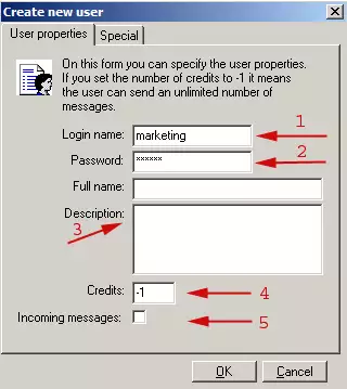 specification of the new users properties