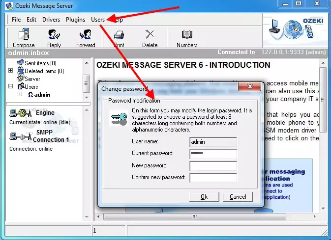 how to change password for ozeki message server