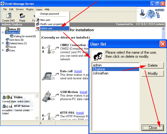 how to delete a user in ozeki message server