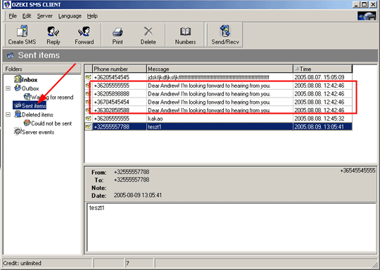 sent messages by ozeki sms client