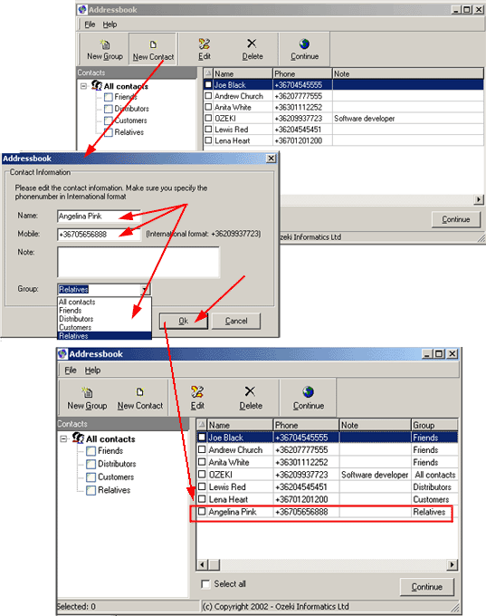 how to create a new contact in ozeki sms client