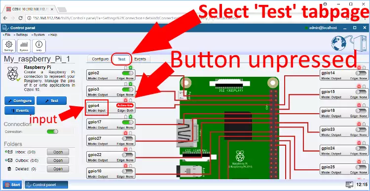 going back to the test interface to see the button pressed