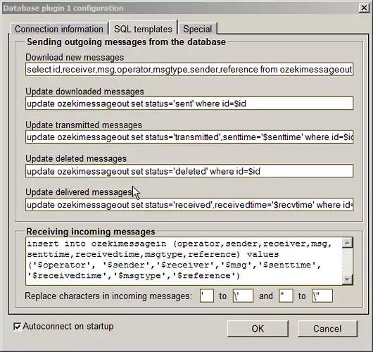 configuration in the sql templates tab