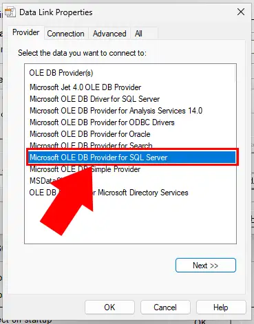 Pointing out the data in the Data Link Properties tab