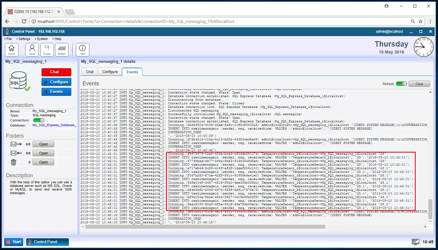 the database log window