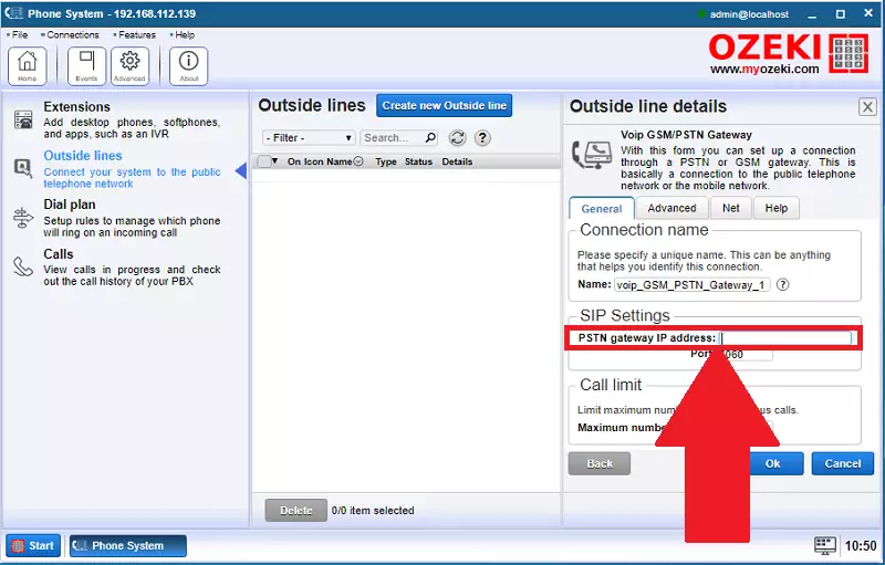 type in the details of the voip gsm gateway