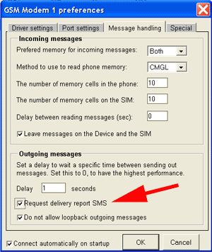 gsm modem configuration with sms delivery report