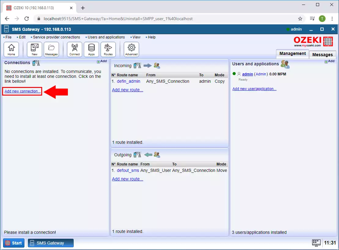 how to add new connnection to ozeki sms gateway