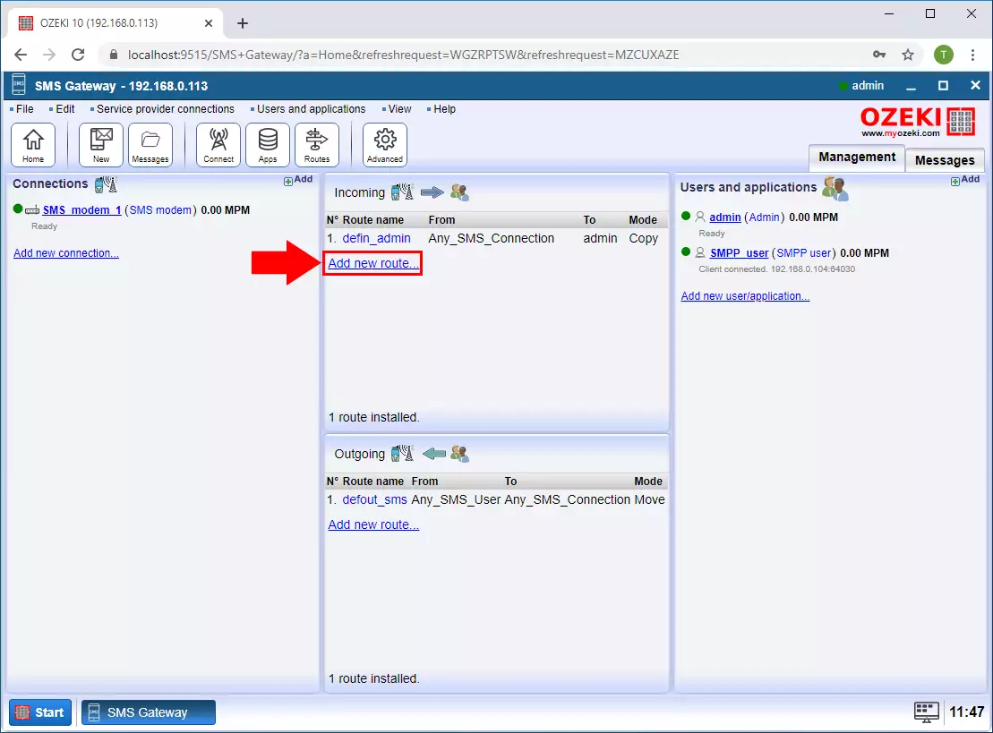 how to add new inbound route in ozeki sms gateway