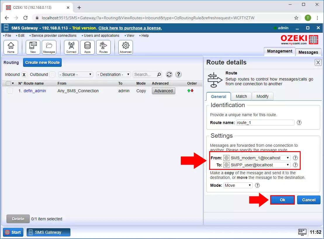 how to configure the inbound route in ozeki sms gateway