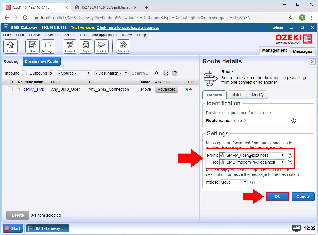 how to configure the outbound route in ozeki sms gateway