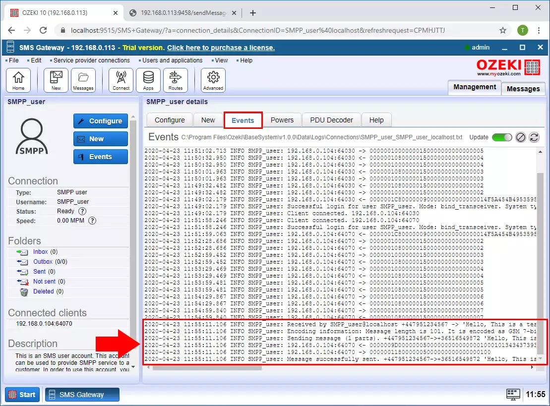 message recived from the gsm modem in ozeki sms gateway