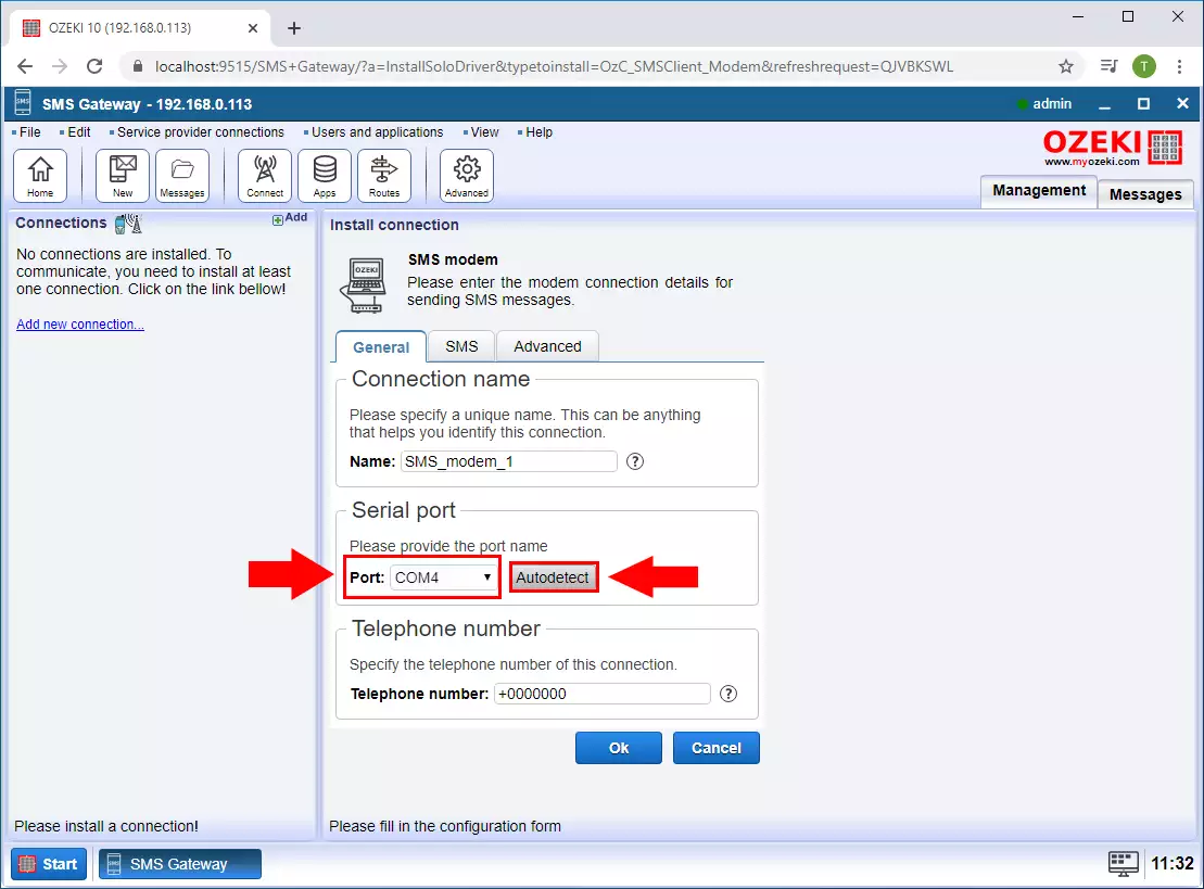 selecting a serial port for sms modem connection