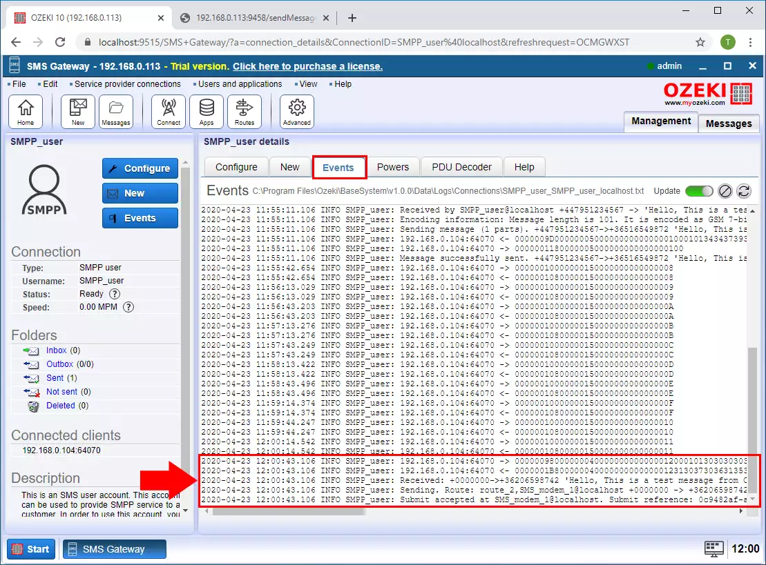 message sent to the gsm modem in ozeki sms gateway