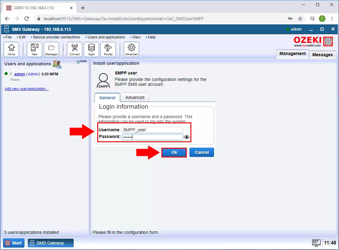 how to specify username and password in ozeki sms gateway