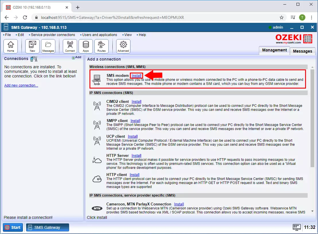 sms modem connection