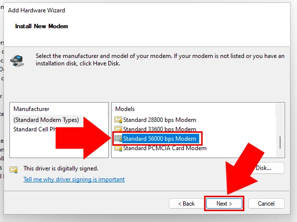 Select the Standard 56000 bps Modem